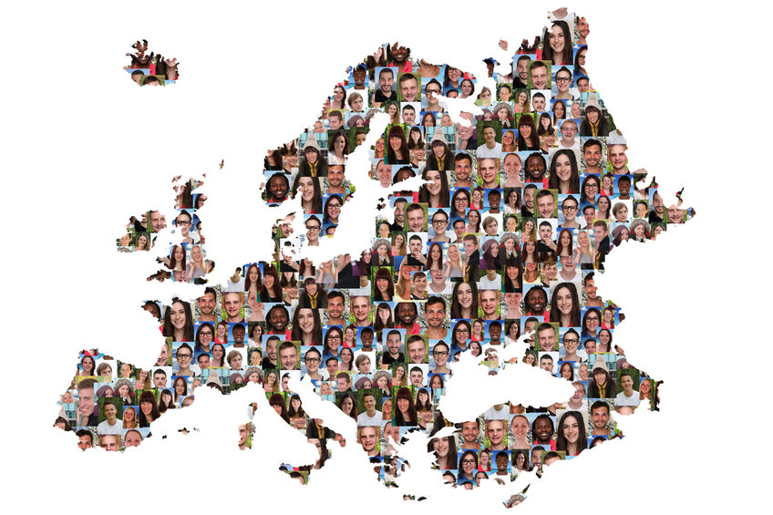 44403879 - europe map multicultural group of young people integration diversity isolated